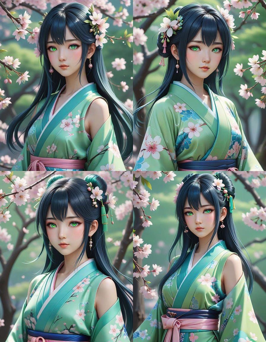 Surreal Anime Goddess in Pastel Kimono with Cherry Blossoms