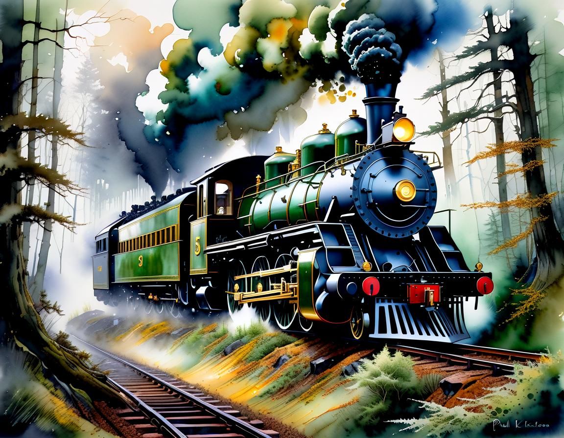 Steam Train in Overgrown Forest Watercolor