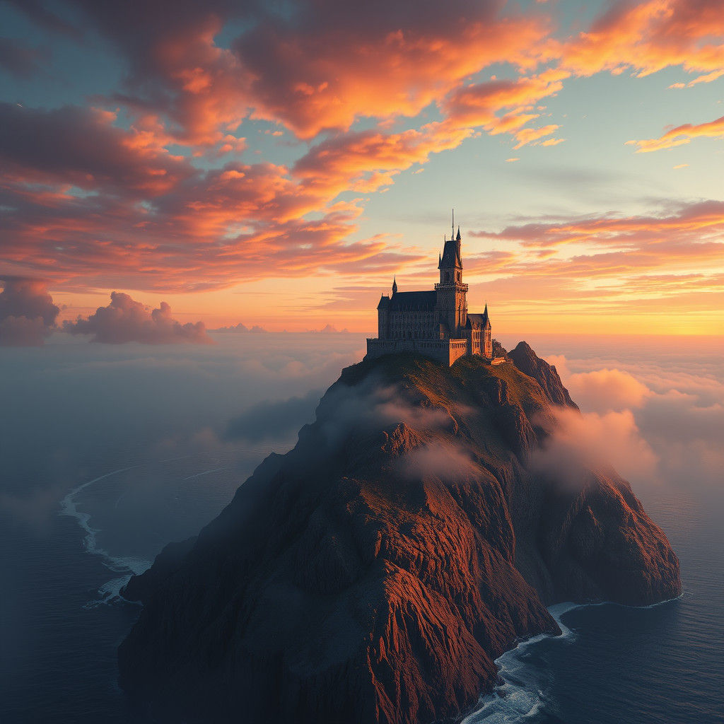 Majestic Sky Castle at Sunset: Fantasy Concept Art