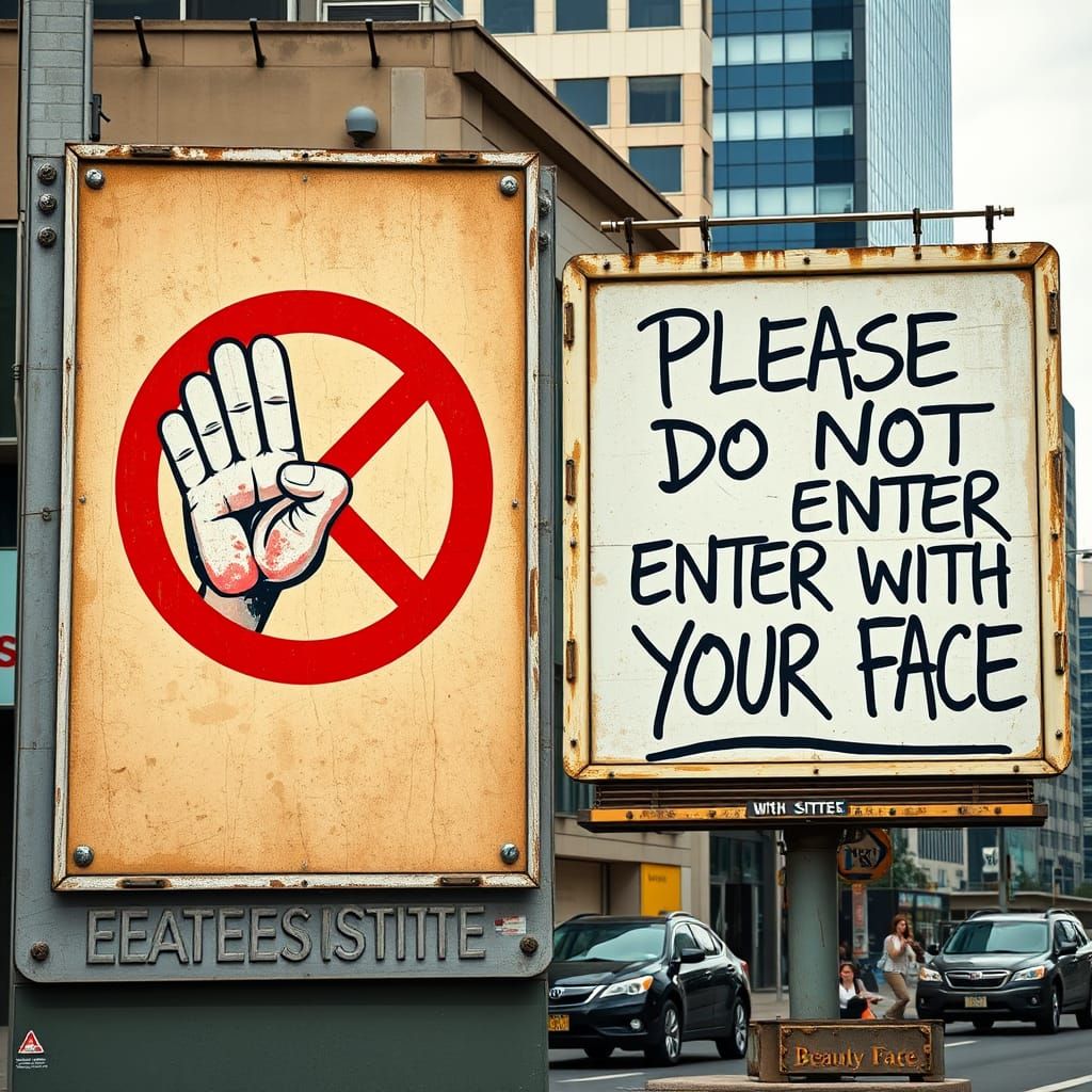 Satirical Beauty Institute Billboard with Distressed Vintage...