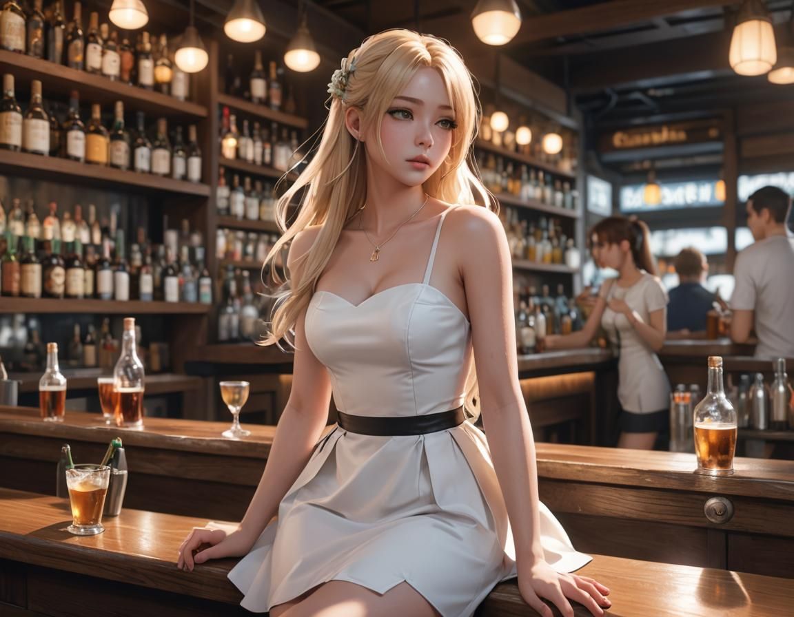 Anime Girl in White Dress at Bar, 3D Art