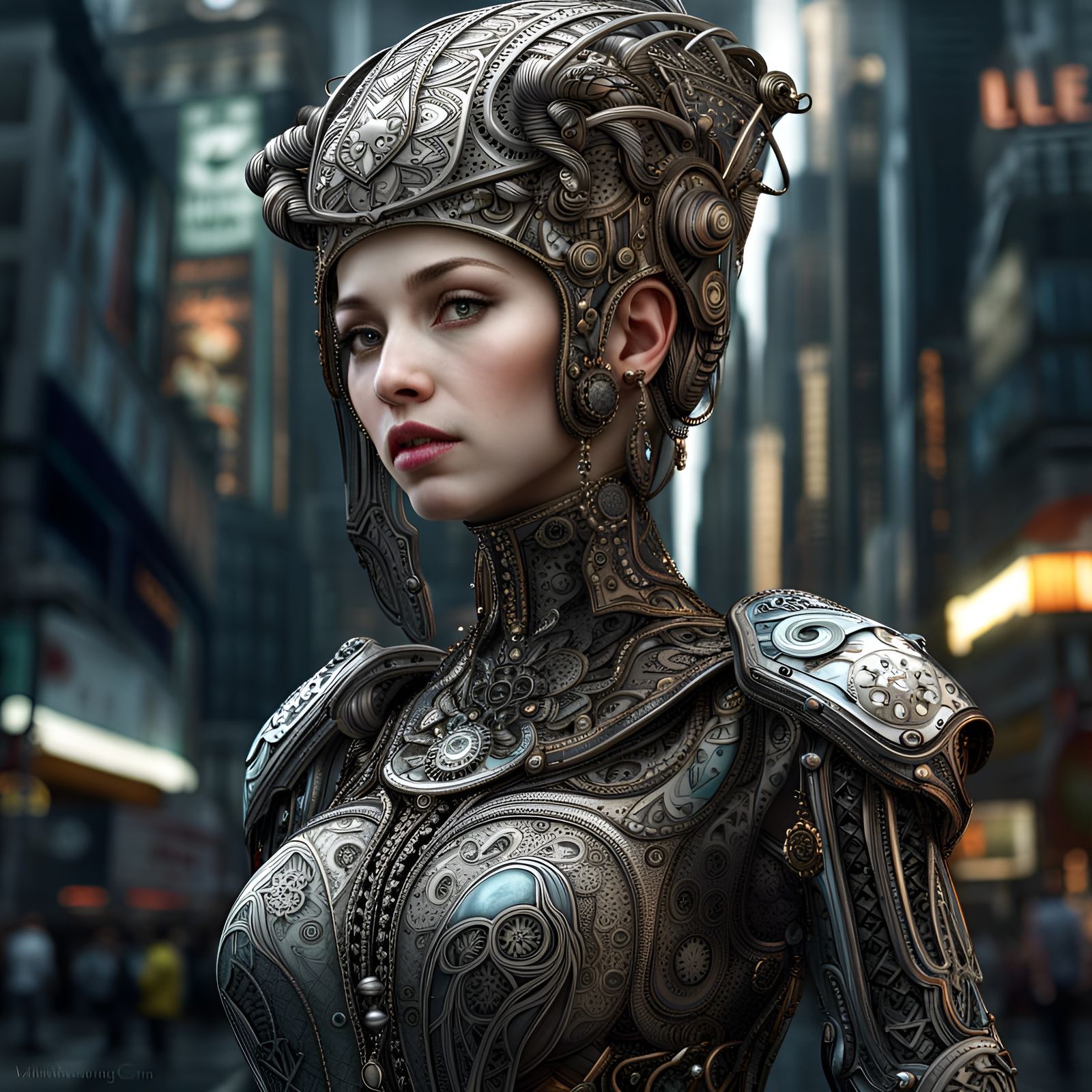 Futuristic Dystopian Elf Princess in Sci-Fi Cityscape
