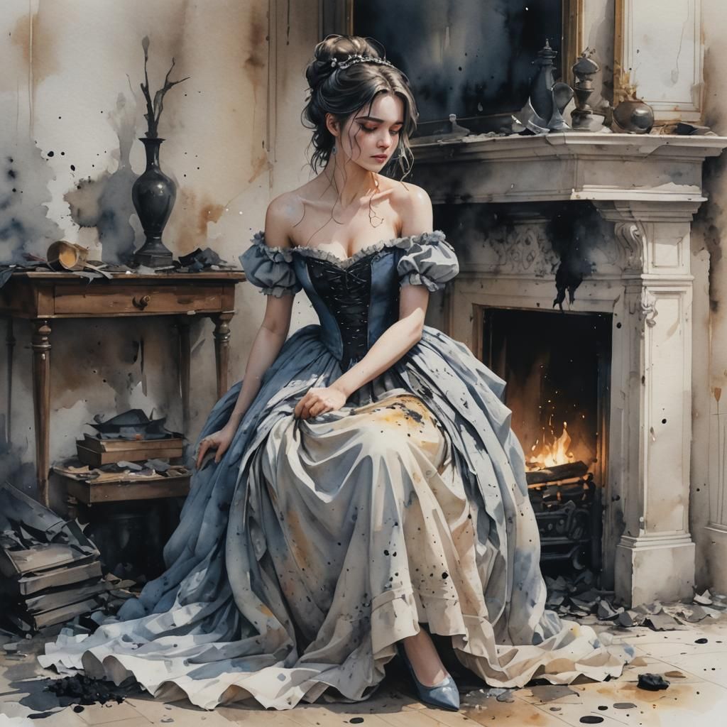 Cinderella Scrubbing Fireplace in Watercolor Style