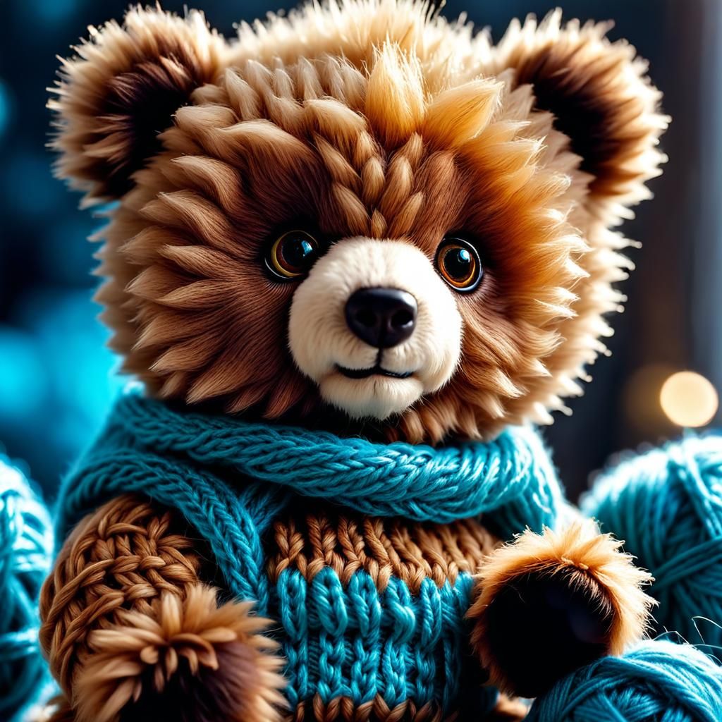 Adorable Knitted Teddy Bear with Fluffy Mohawk