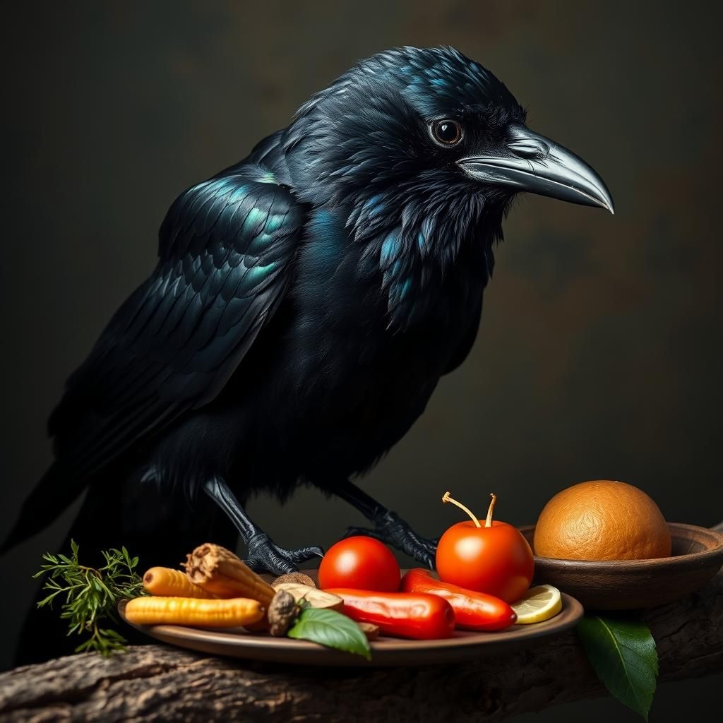 Crow Contemplates Meal in Dreamlike Land Art Style