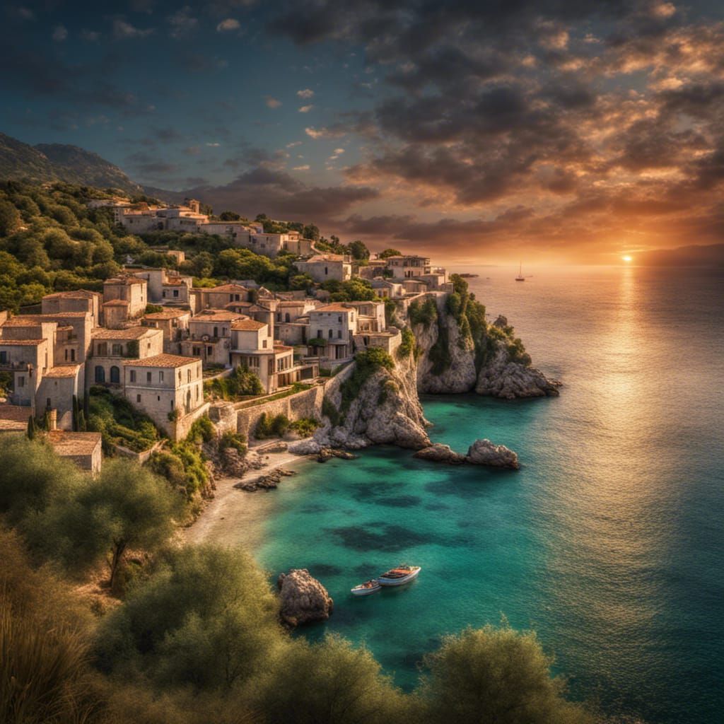 Mediterranean Village Sunset in Hyperrealistic Style