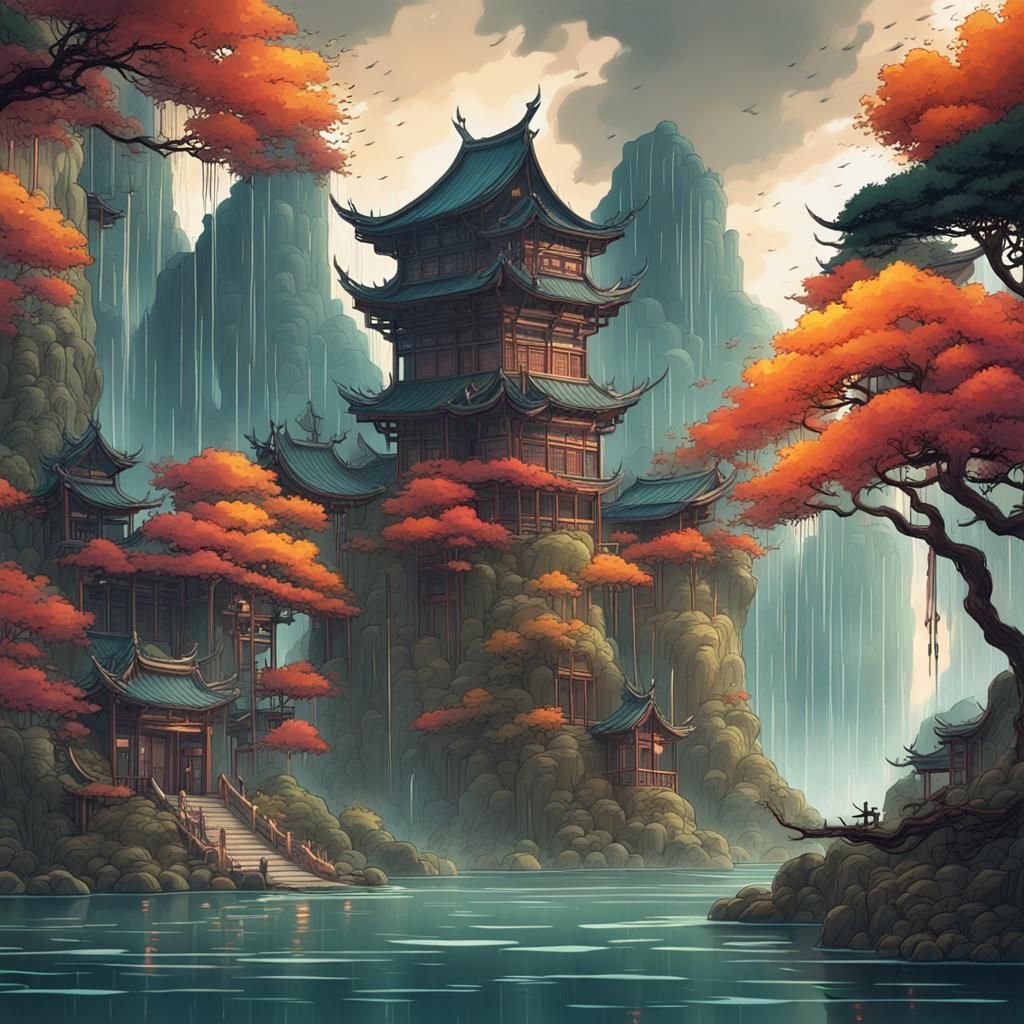 Ancient Chinese Landscape in Studio Ghibli Style