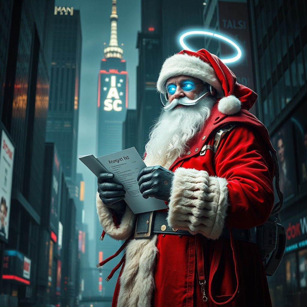 Cybernetic Santa in Dystopian Cyberpunk Cityscape