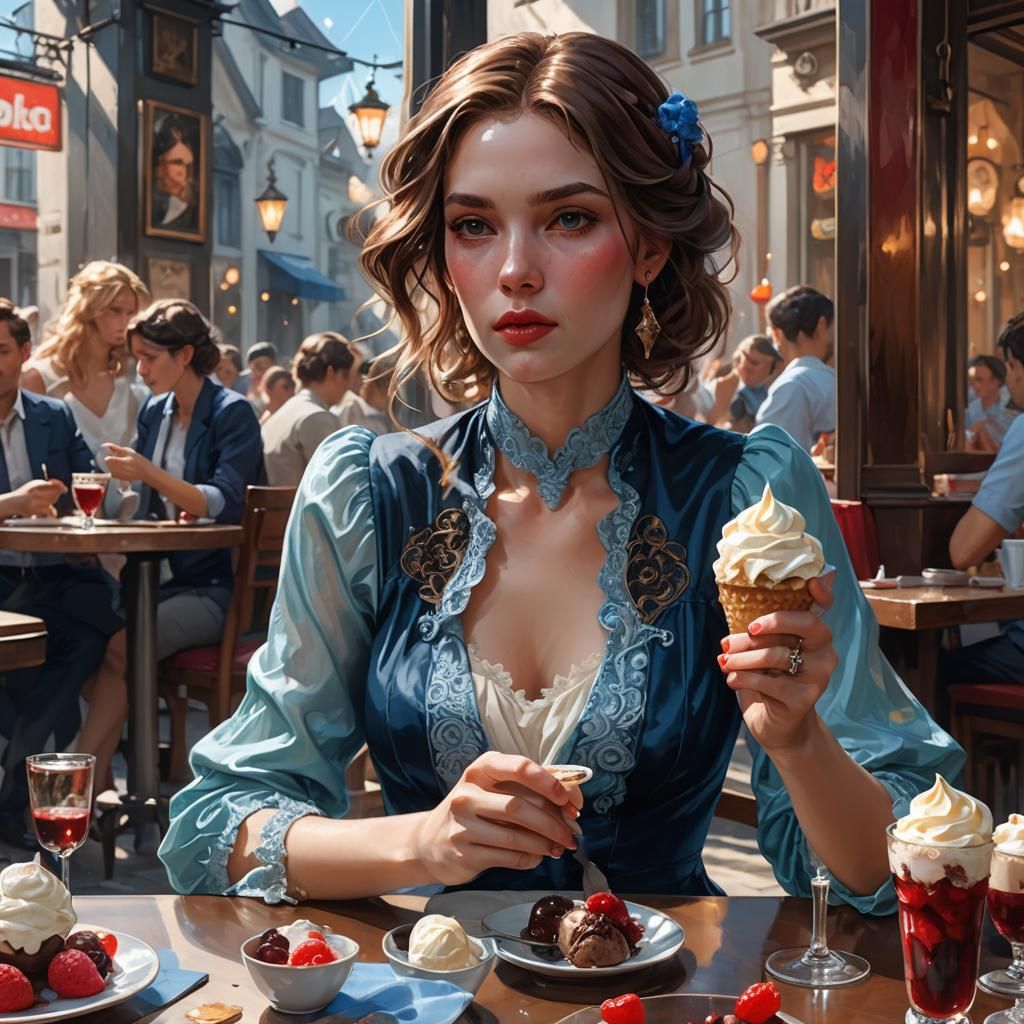 Woman Enjoying Ice Cream, Hyperdetailed Portrait