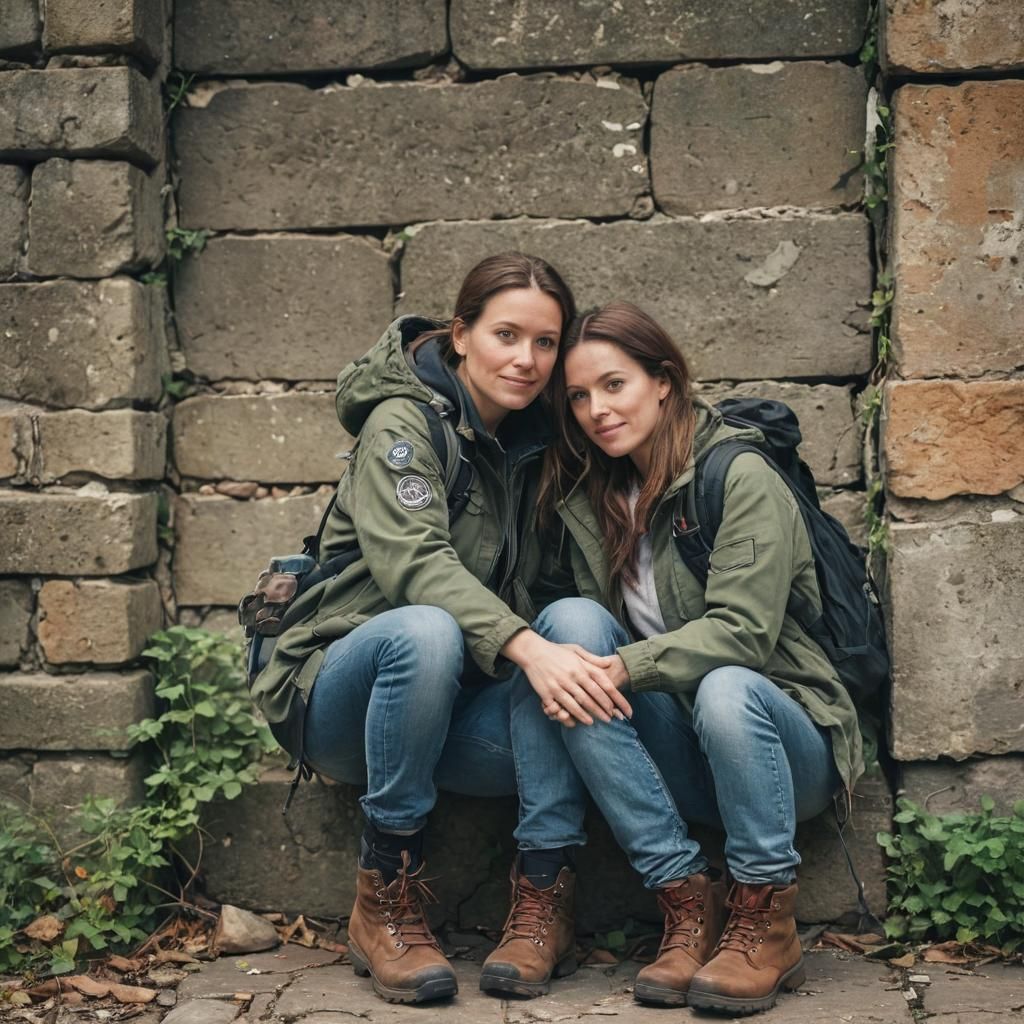Dystopian Embrace: Women in Ruins, Natural Light Photography
