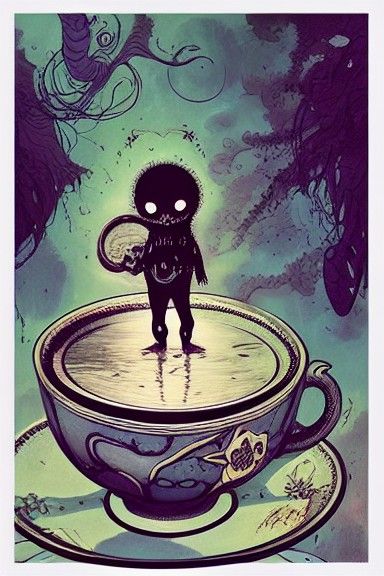 Cute baby eldritch god in a teacup anthro character, a highly intricate and hyperdetailed matte painting by Ismail Inceo...