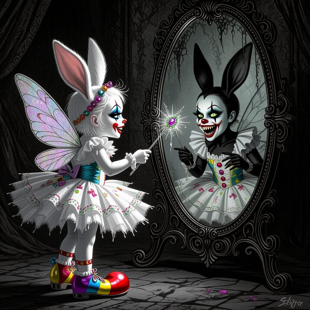 Fairy Bunny Confronts Dark Reflection in Retro Horror Style