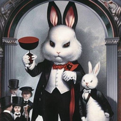 Sinister Magician Bunny Pulling Human from Hat