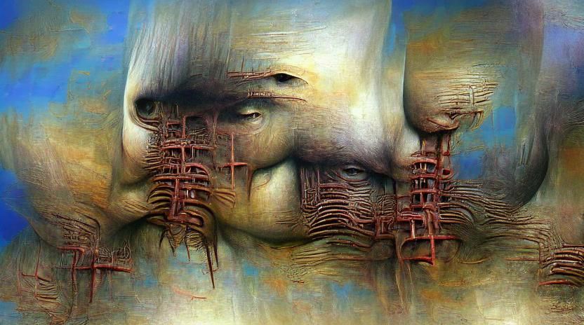 A dark and meticulously composed render of strange man in pain, flesh melded with technology, ribs exposed hanging on a ...
