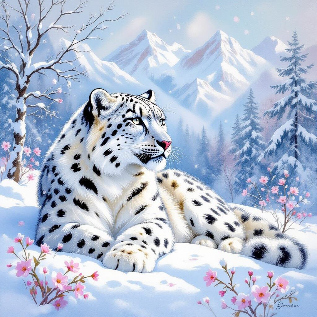 Snow Leopard in Winter Landscape, Gouache Impressionism