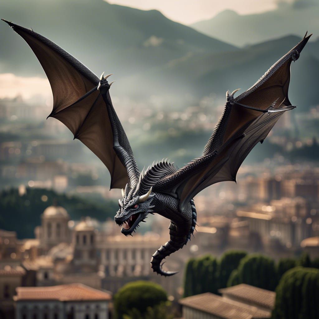 Dragon Flight Over Ancient Roman Cityscape