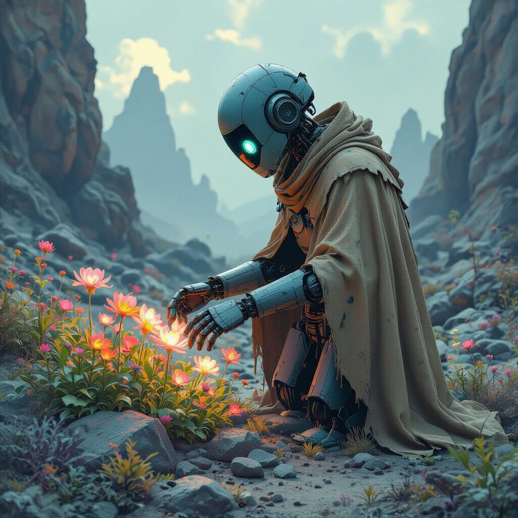 Robot Gardener in Alien Landscape, Mystical Art Style