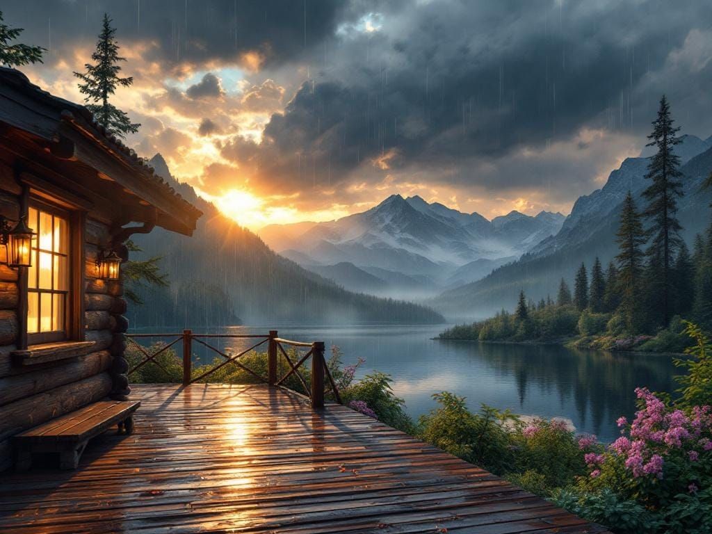 Serene Lake Cabin During Summer Rainstorm