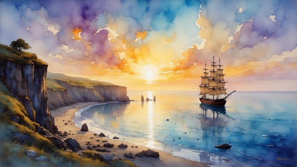 Cornwall Cliff at Dusk with Spanish Galleon Painting