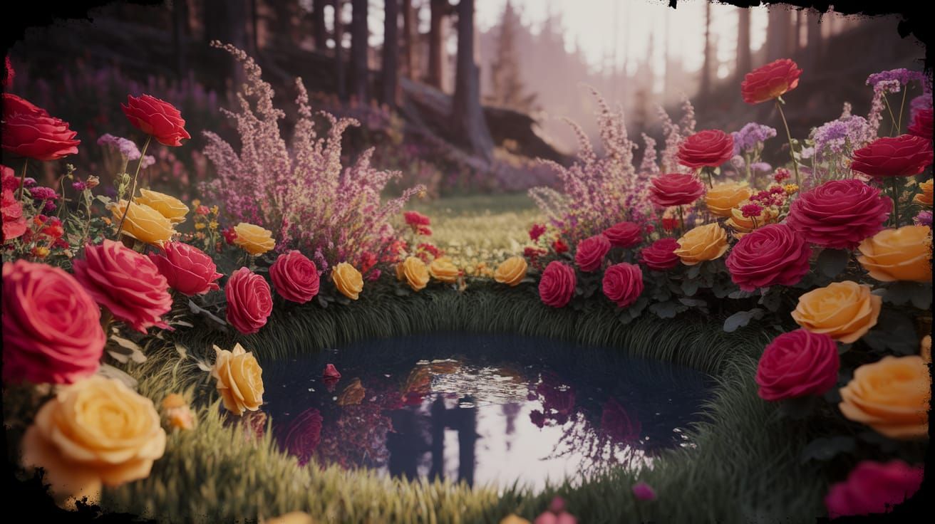 Enchanting Forest Pond Amidst Vivid Roses and Zinnias