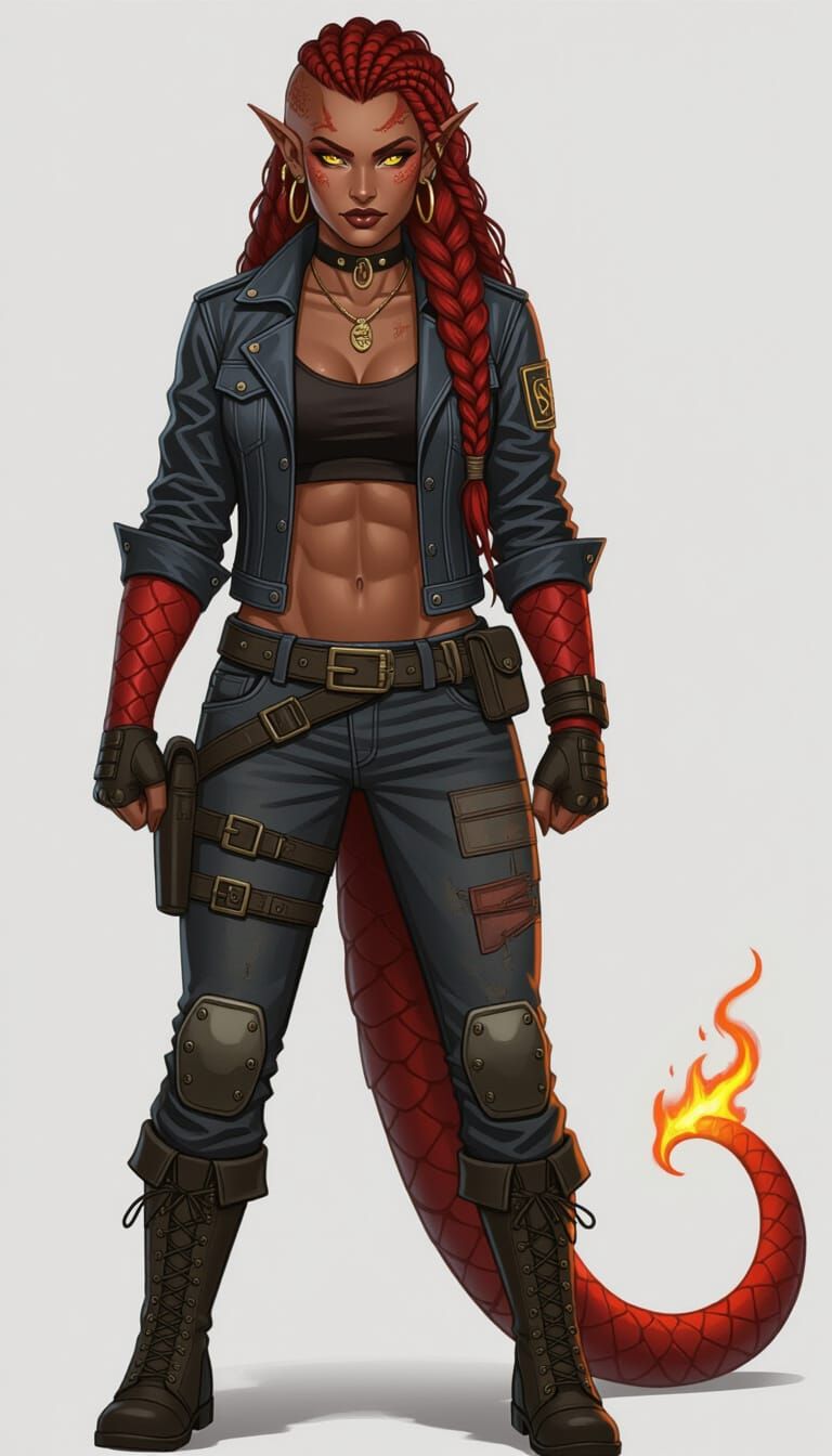 Towering Flame Woman with Biomechanical Elements