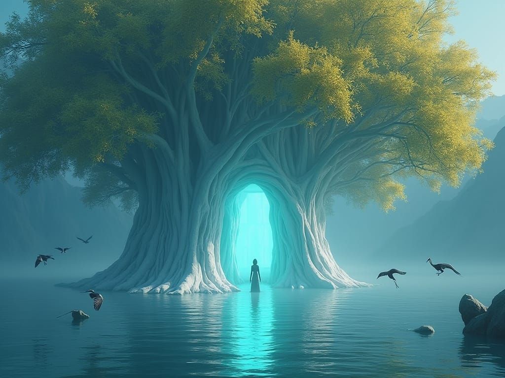 Cosmic Tree Goddess with Seal Spirit in Turquoise Lake