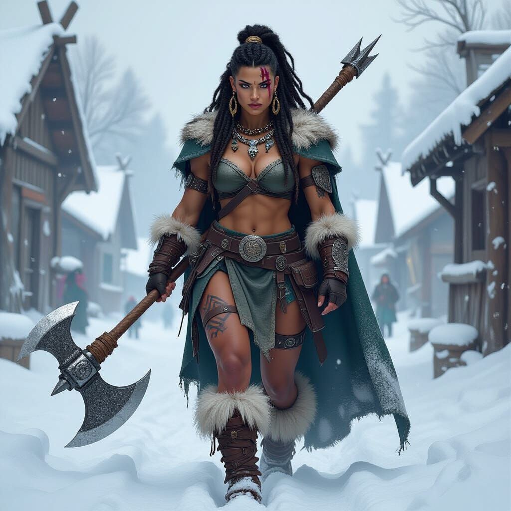 Goliath Barbarian Protector in a Snowy Village