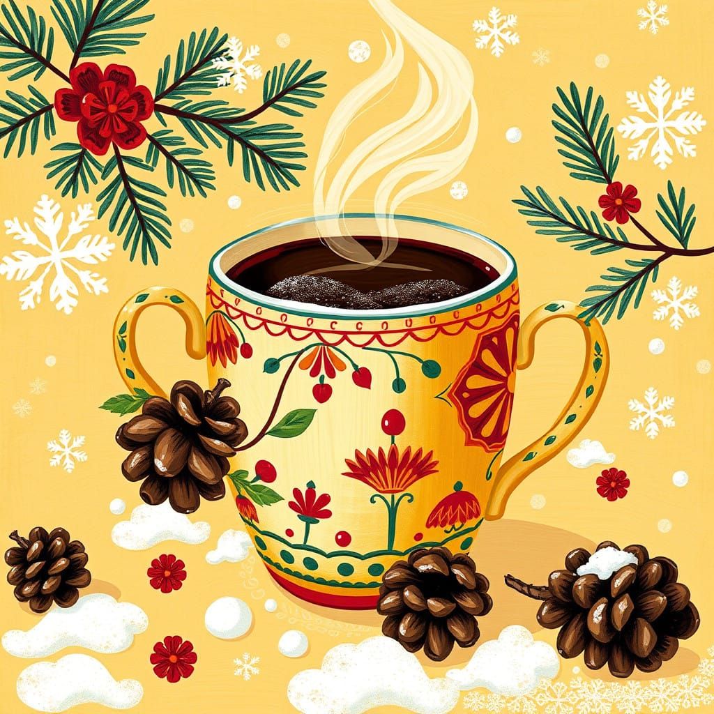 Whimsical Winter Coffee Scene in Folk Art Style