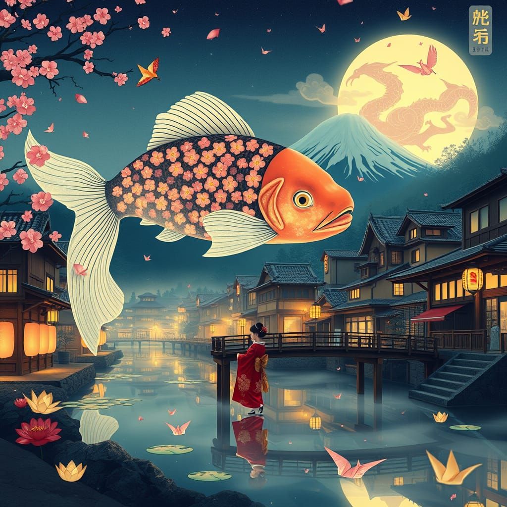Koi Fish Floats Above Edo Village in Ukiyo-e Style