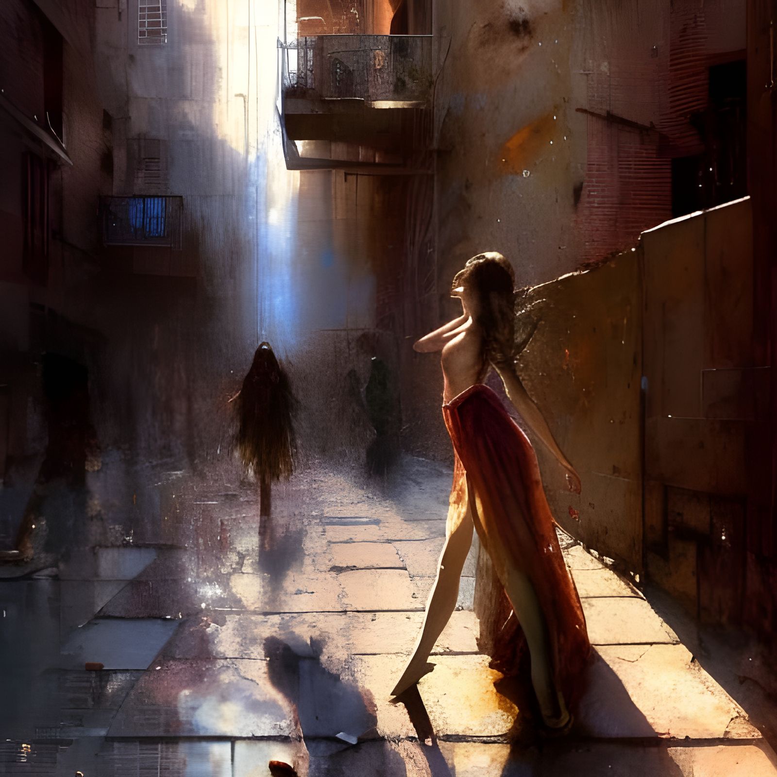 Girl Casting Shadow Against Brick Wall as Oil Painting