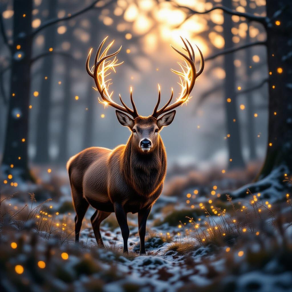 Majestic Stag with Glowing Antlers in Enchanted Forest