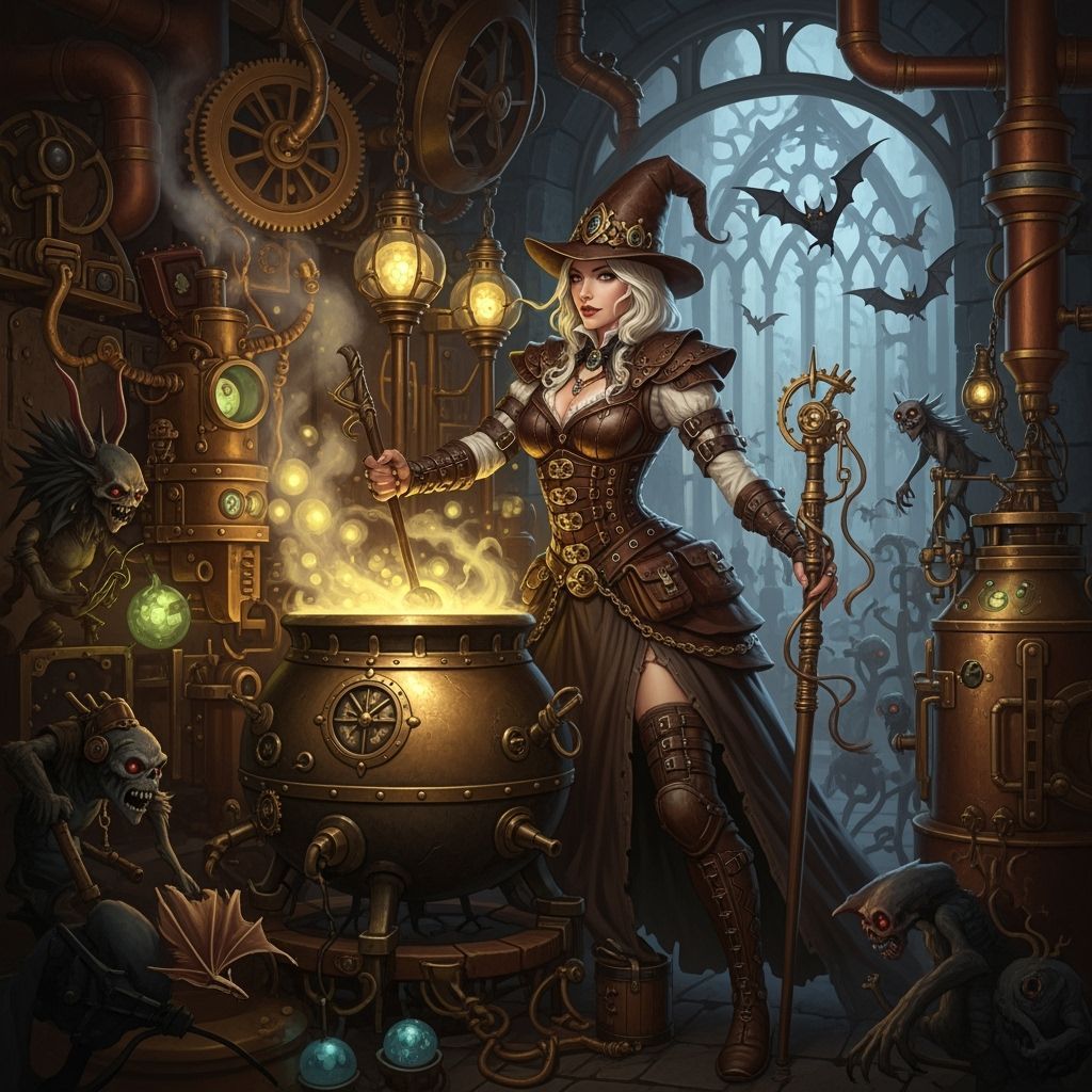 Victorian Sorceress Brewing Potion in Mystical Lair