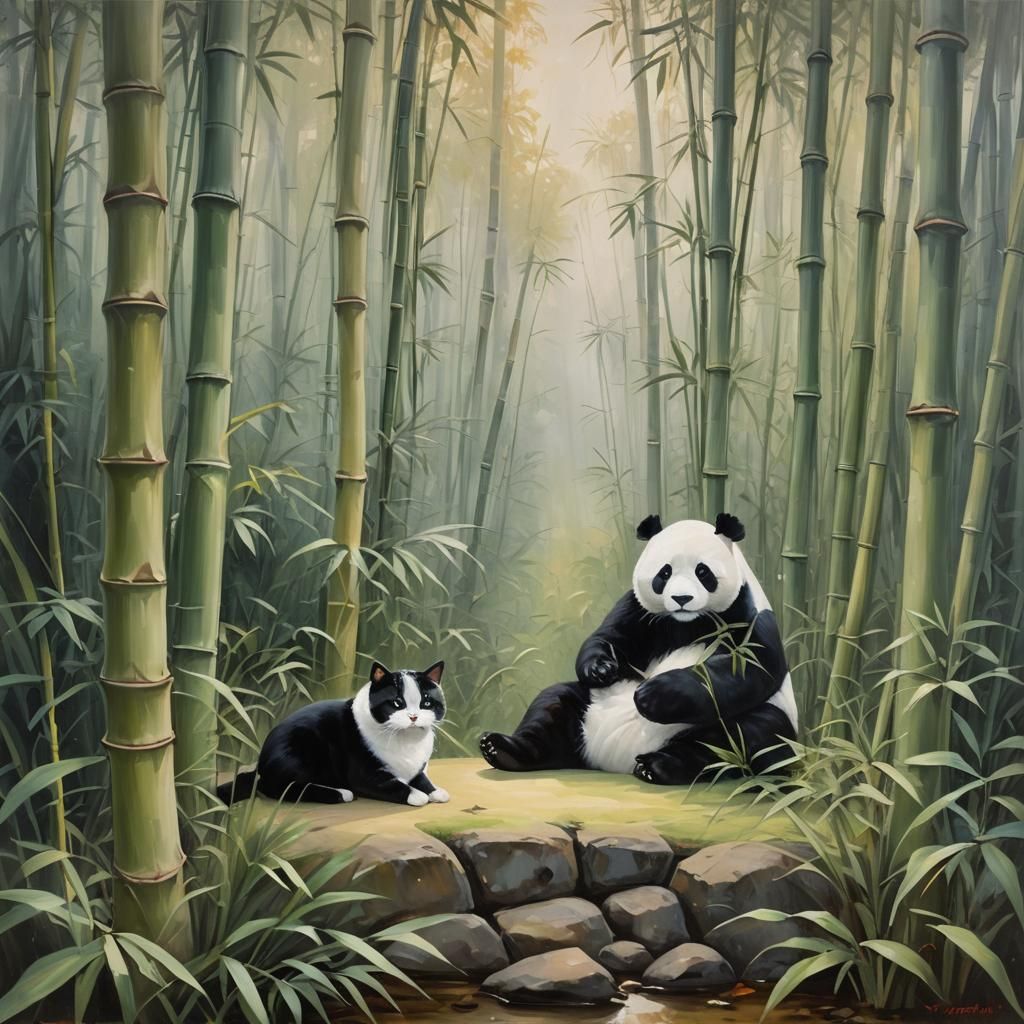 Cat and Panda in Bamboo Forest Oil Painting