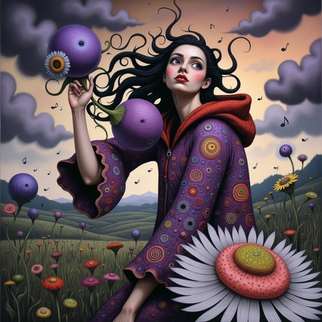 Surreal Pop Art Goddess in Whimsical Dreamlike Landscape