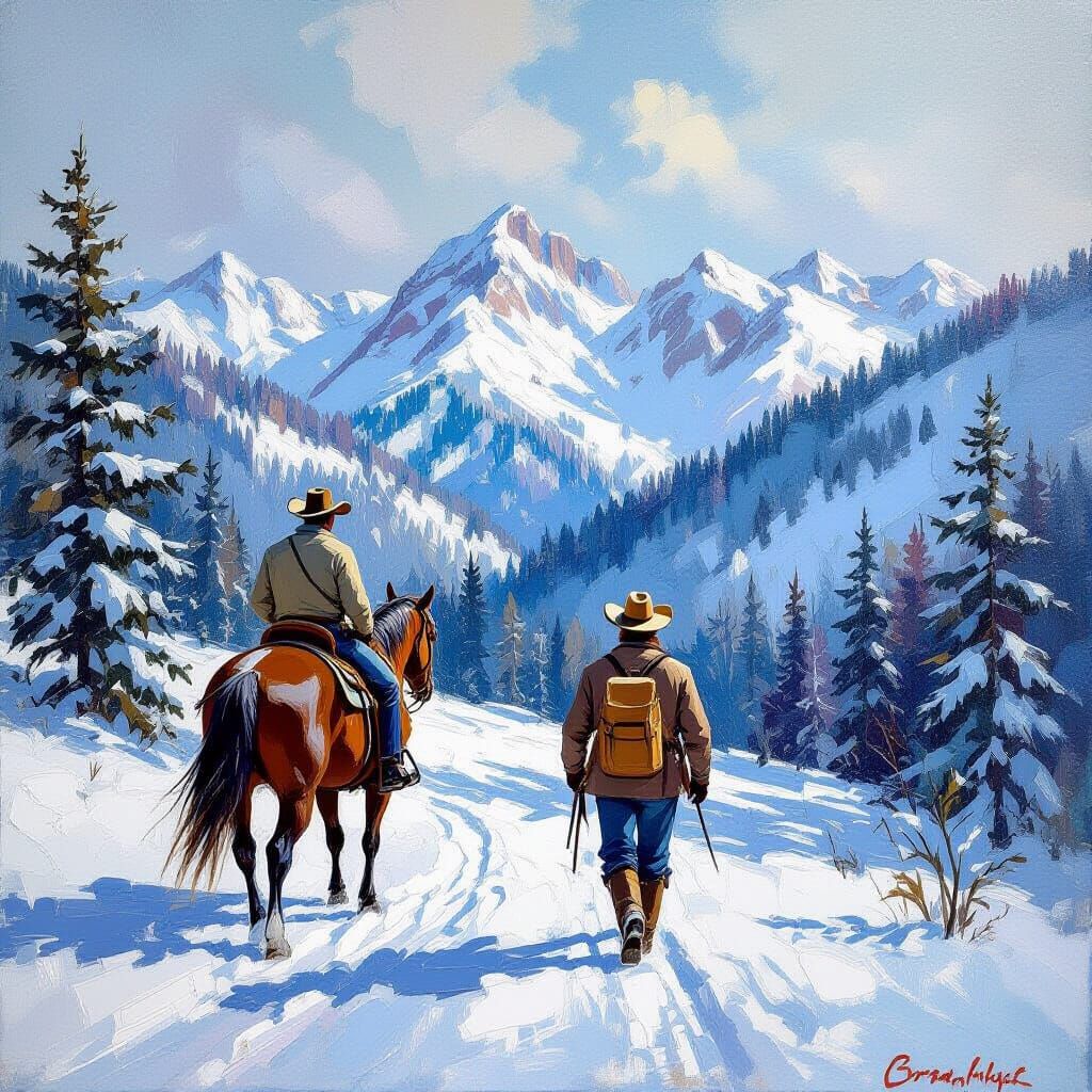 Cowboy and Horse in Snow, Gouache Impressionist Style