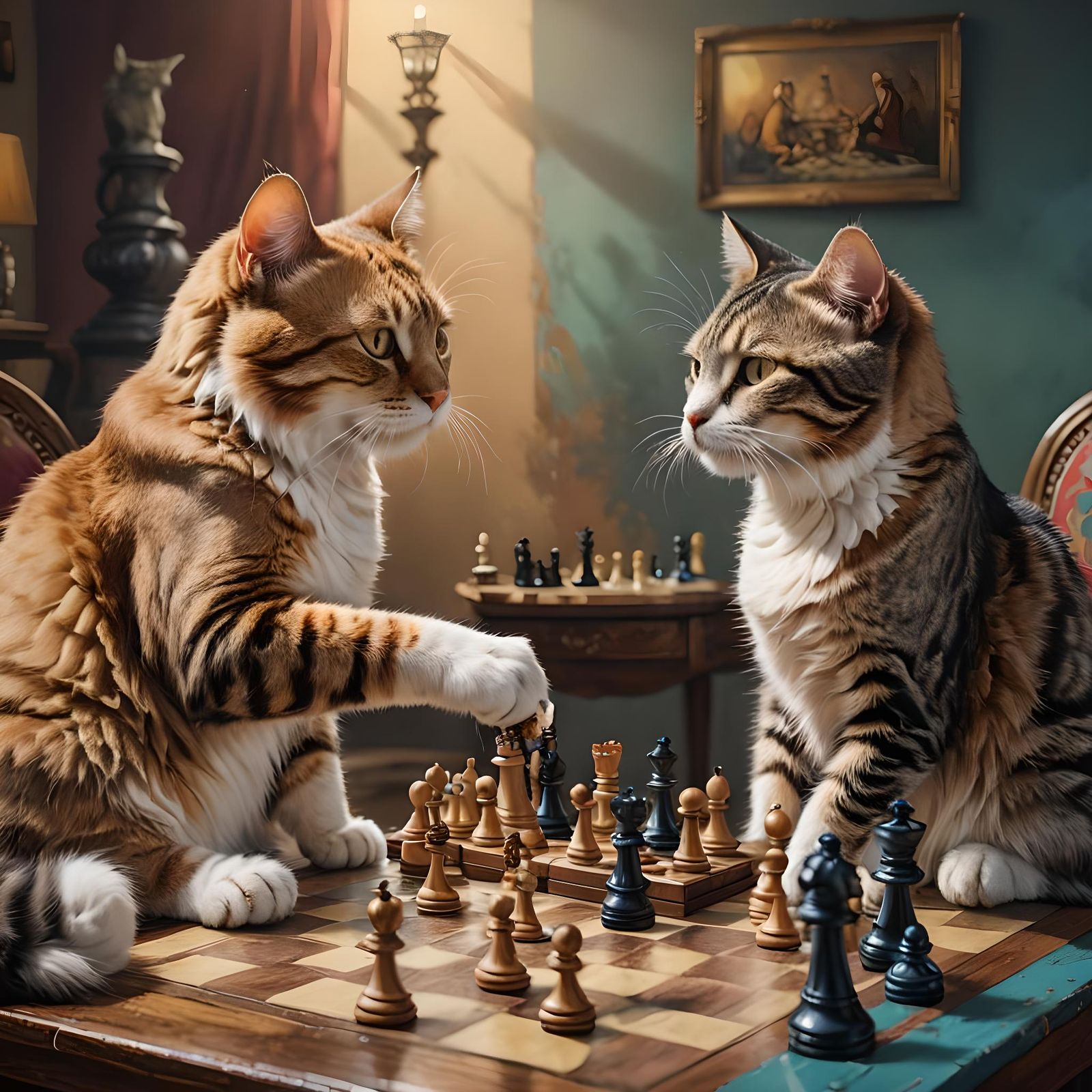 Hyperrealistic Cats Playing Chess Concept Art