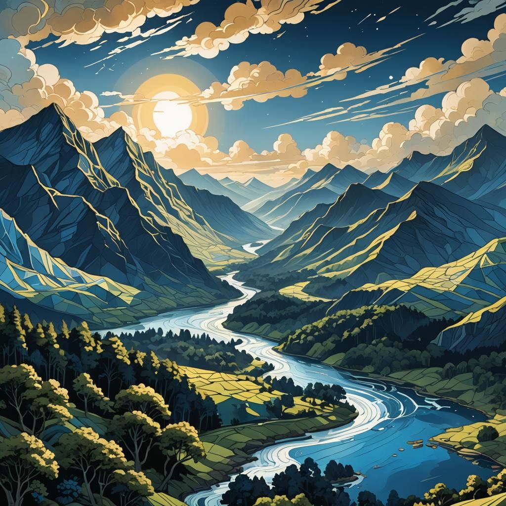 Blue Mountain Range in Ink Illustration Style