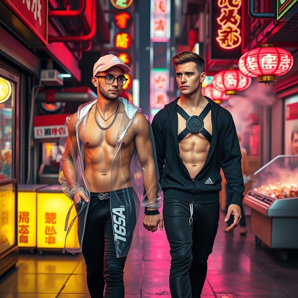 Futuristic City Stroll: Two Men in a Neon Landscape