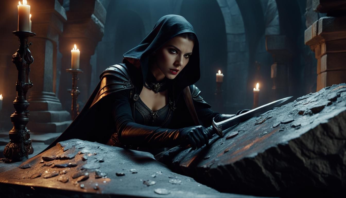 Fantasy Thief Vanquishes Vampire in Stone Sarcophagus