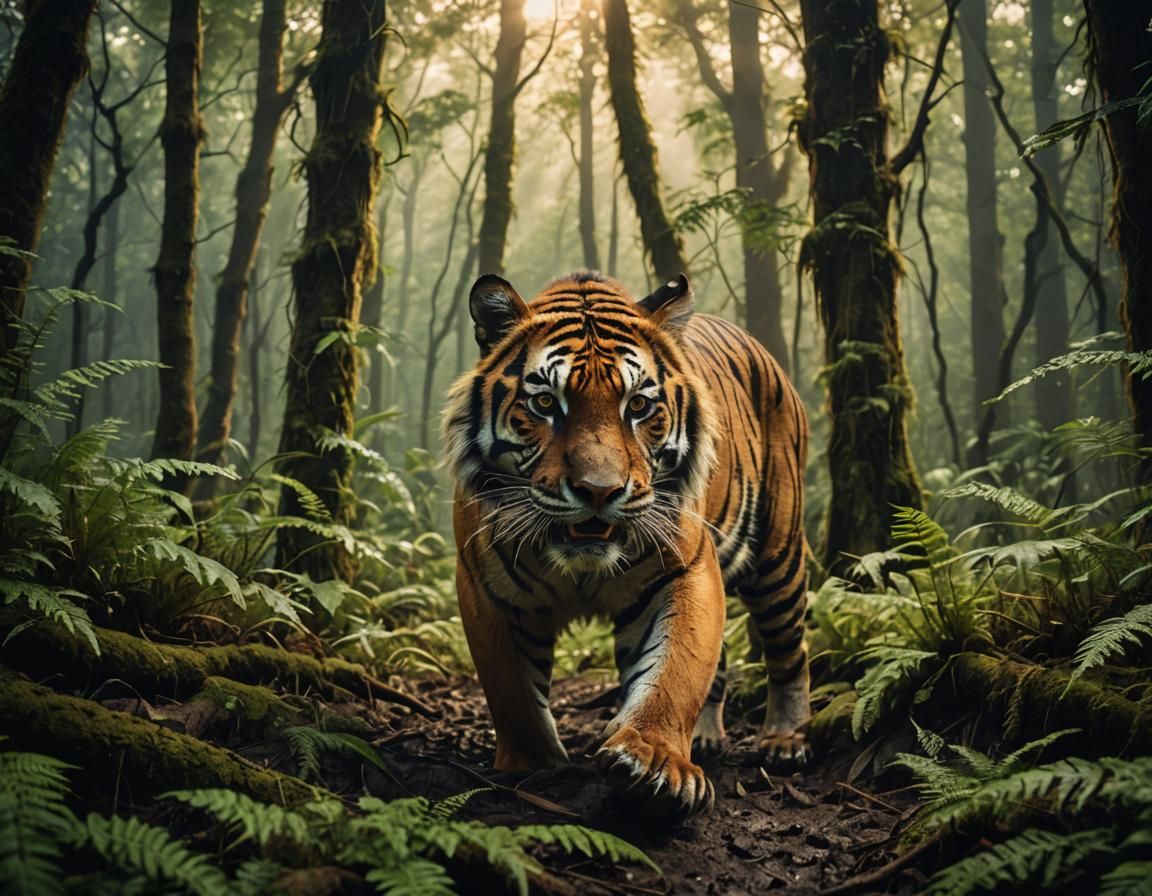 Tiger Hunt in Misty Forest: Wildlife Photography