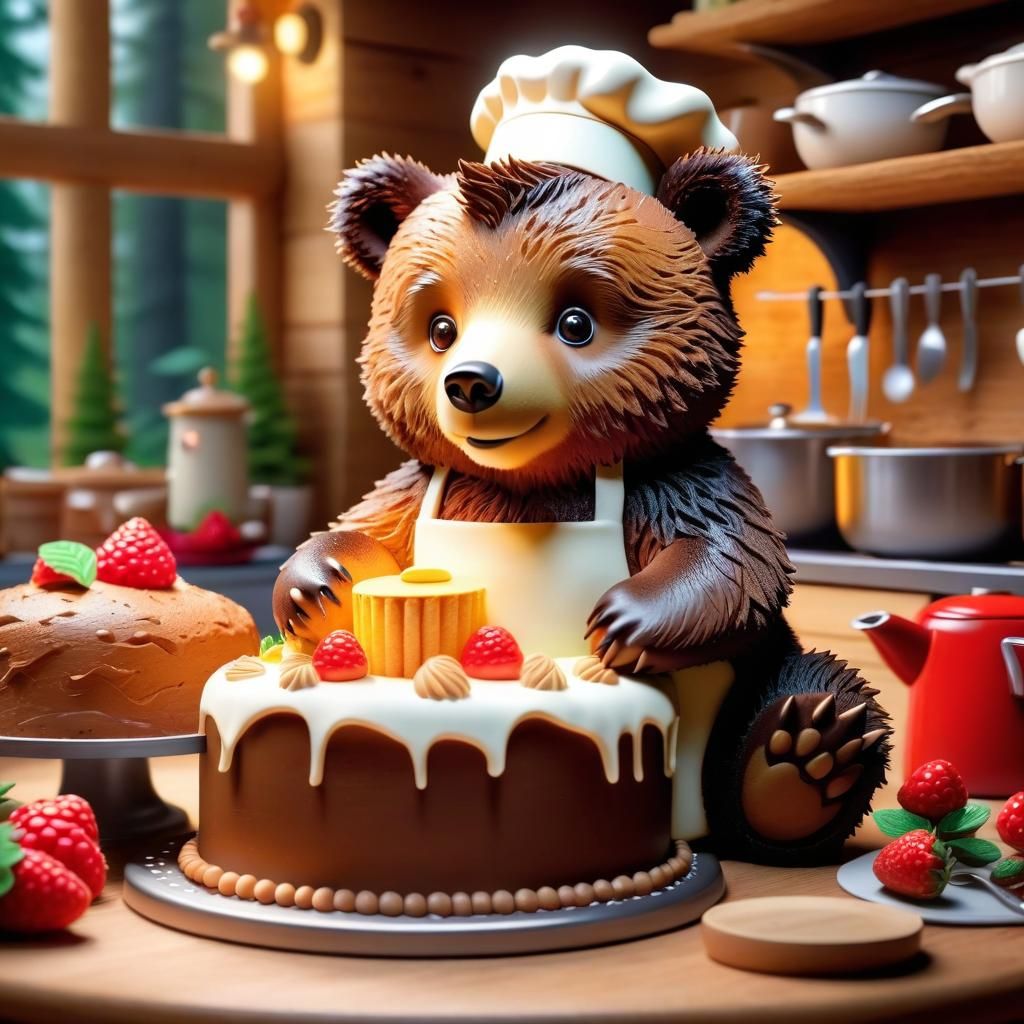 Adorable Bear Cub Bakes Cake in Forest Kitchen