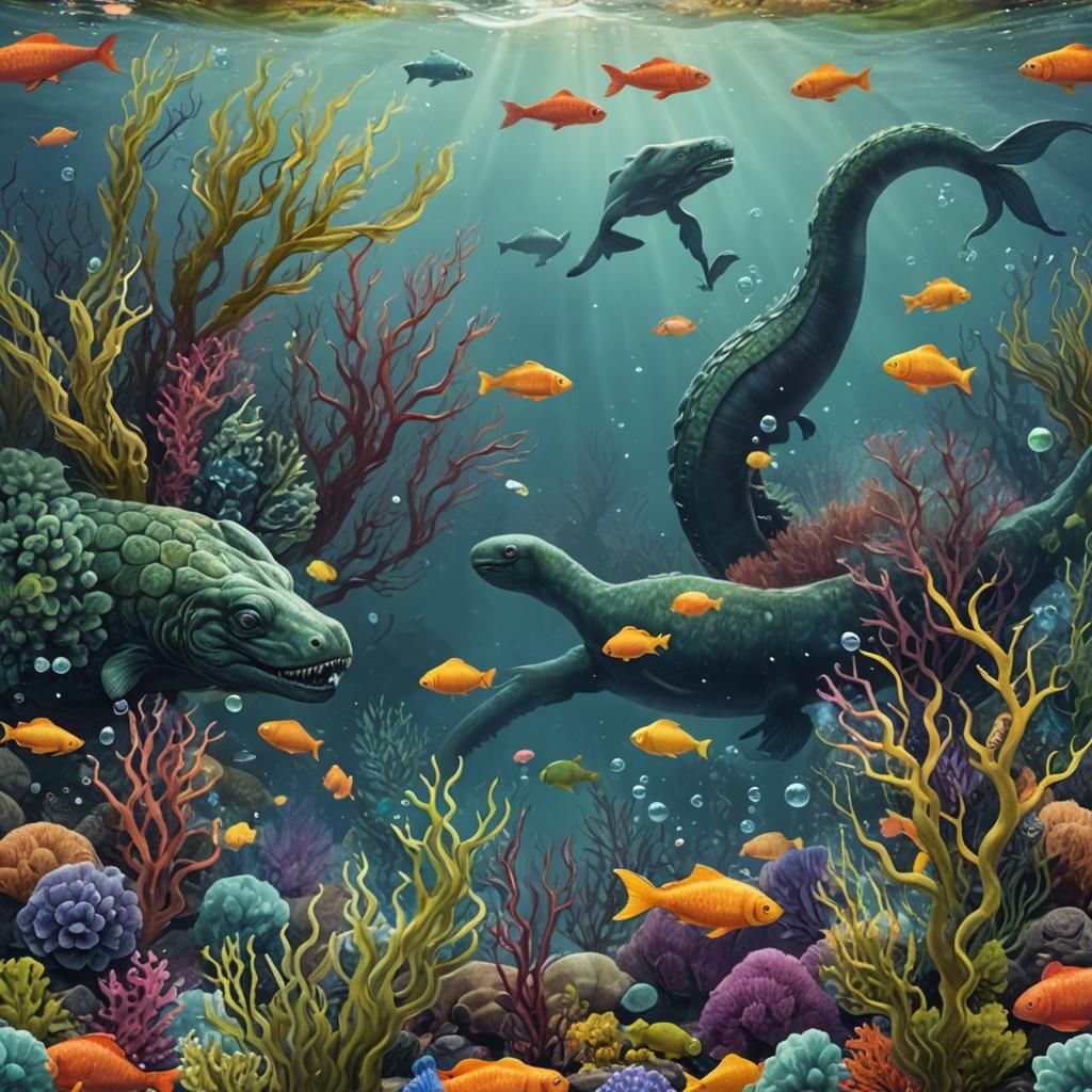 Loch Ness Monster Swimming Underwater with Fish