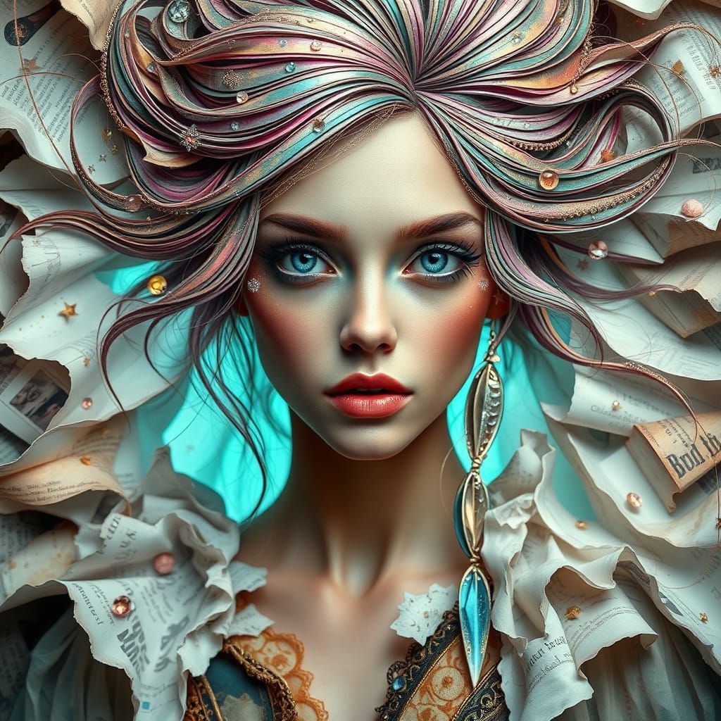 Dreamlike Female Portrait in Whimsical, Mixed Media Style