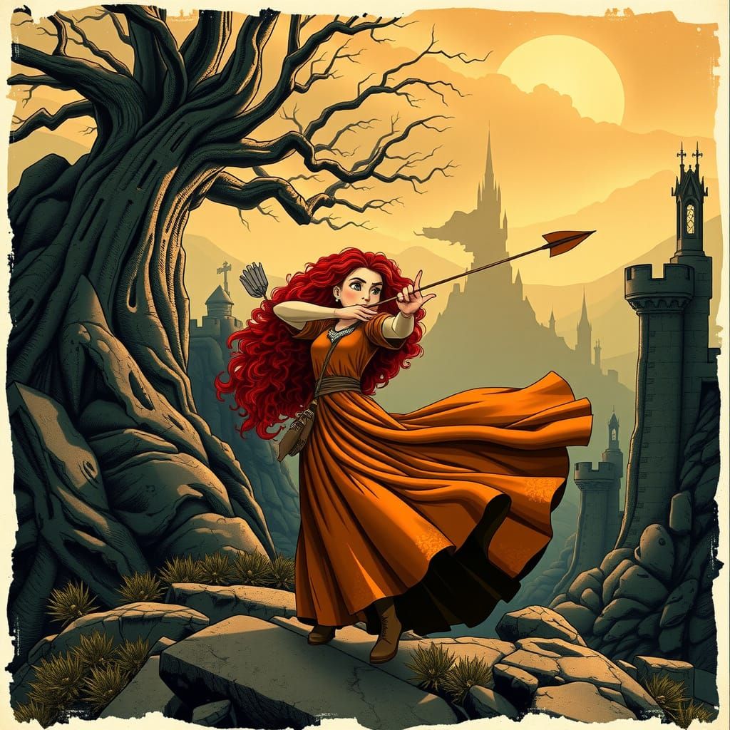 Heroic Merida in a Dramatic, Distressed Landscape
