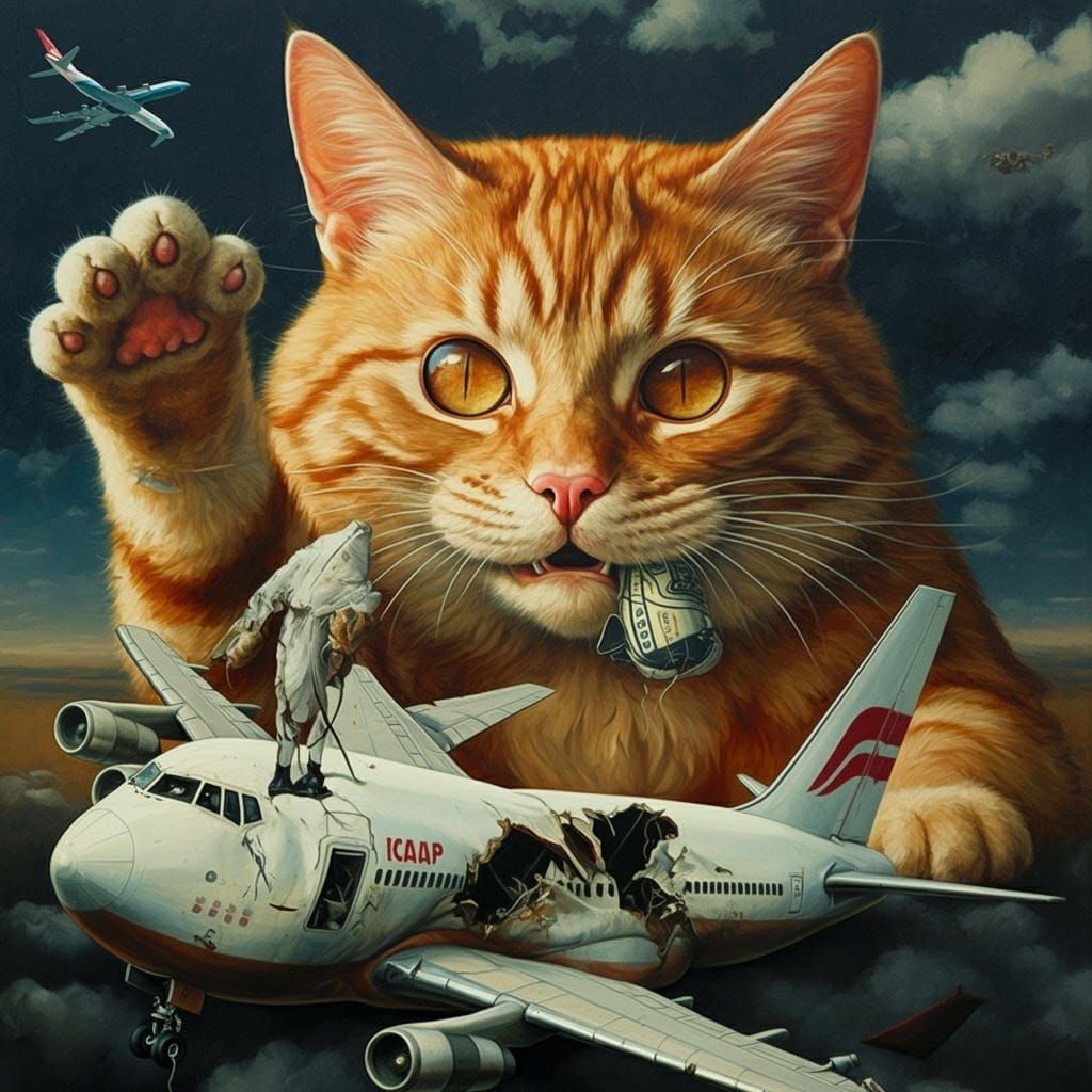 Gigantic Ginger Cat Swatting Airplanes: Surreal Impasto Pain...