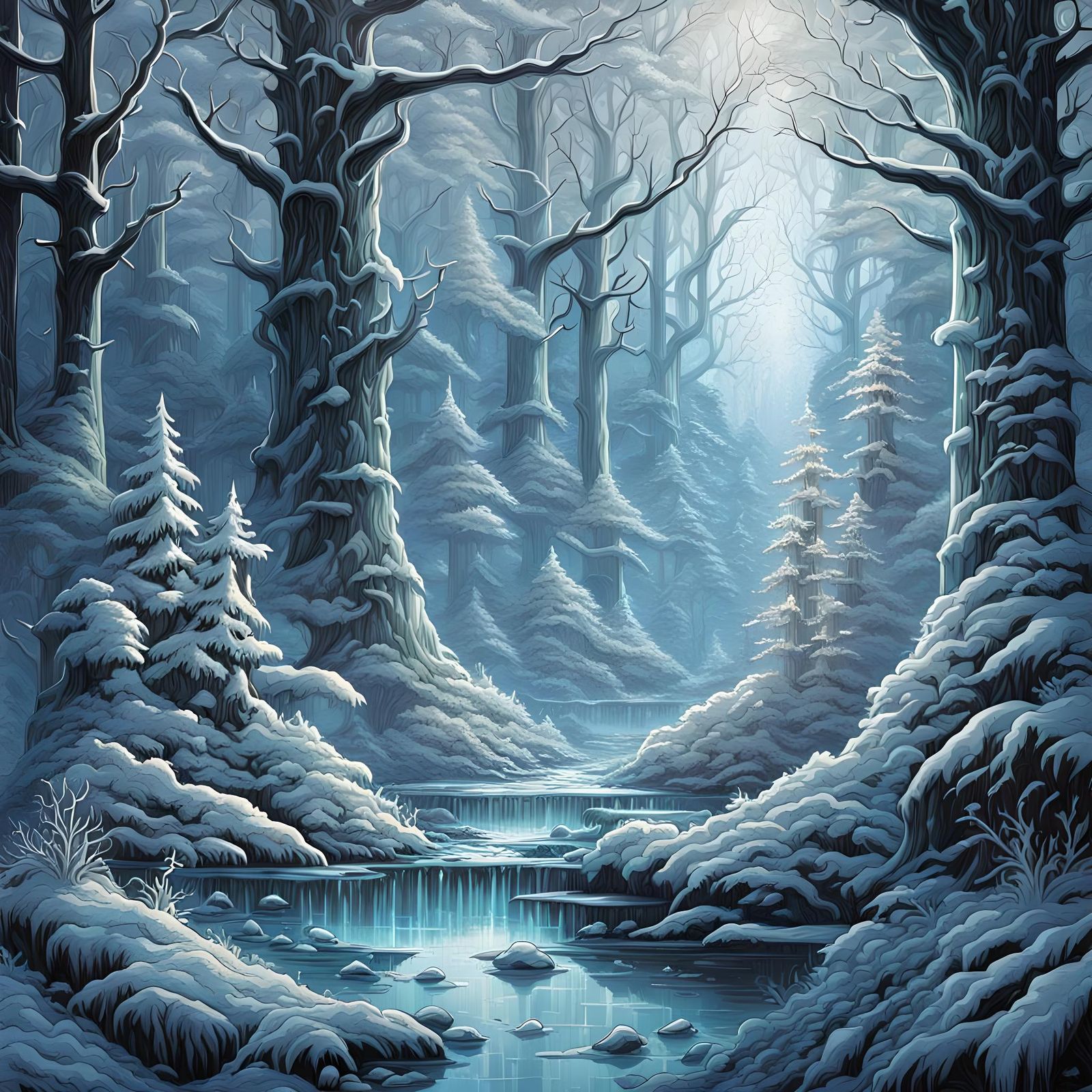 Glazed Frost Forest: Hyperdetailed Comic Book Art
