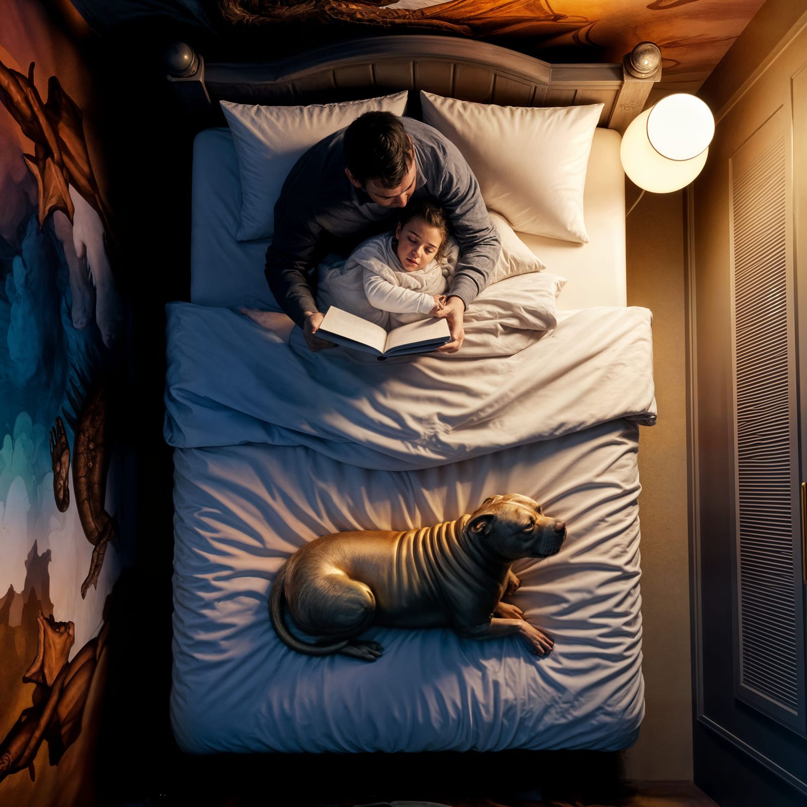 Father Reading Bedtime Story with Dragons