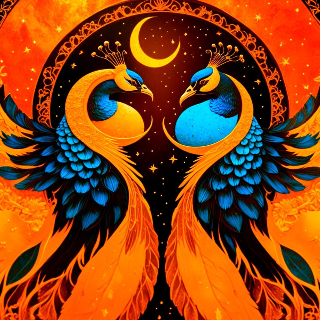 Luxurious Celestial Peacocks on Obsidian Night Sky