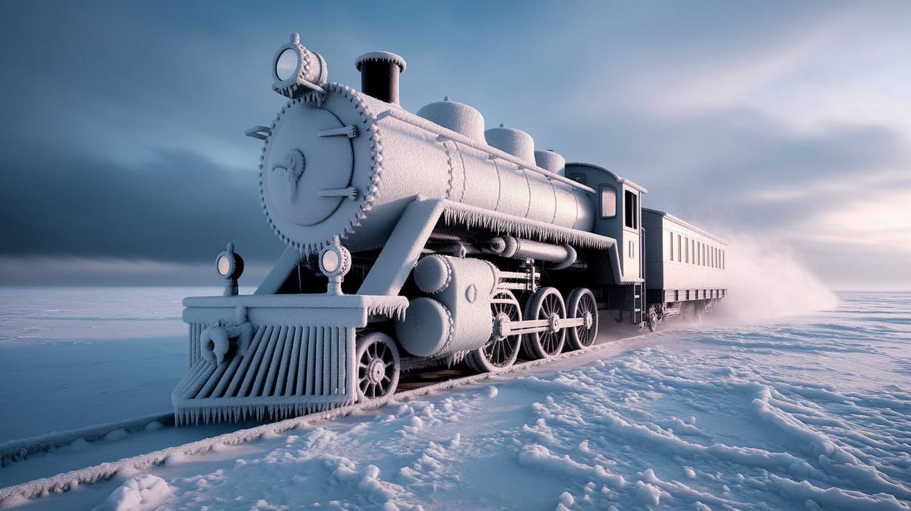 Frost-Covered Steam Train on Desolate Ice Railway