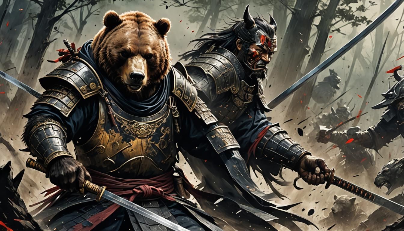 Brutal Samurai Bear in Dark Fantasy Battle